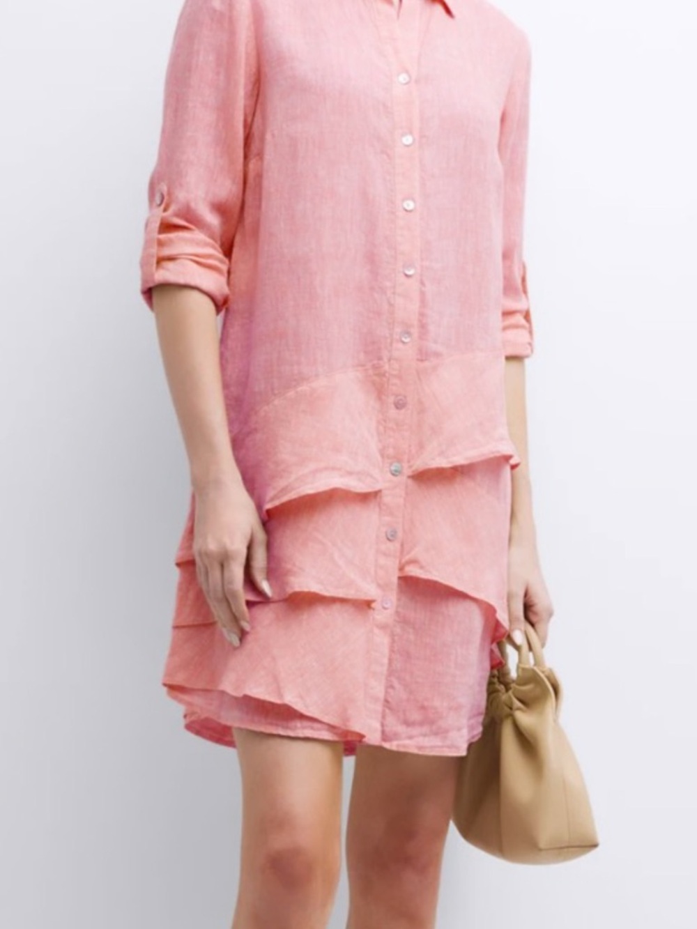 Finley Jenna Ruffle-trim Linen Shirtdress pink large new